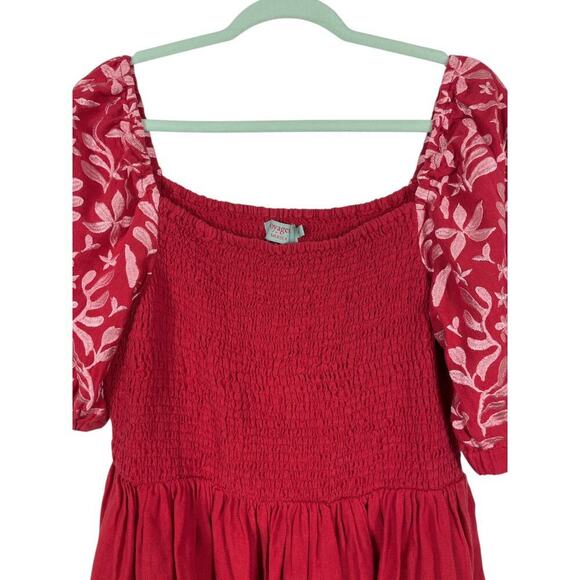MerSea Voyageur 100% Linen Dress XL Red Embroidered Puff Sleeve Mini Beachy - Picture 3 of 12